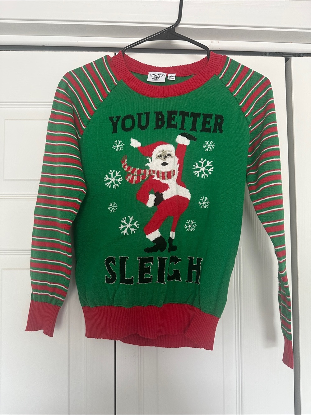 Mighty Fine Green & Red "You Better Sleigh" Holiday Sweater